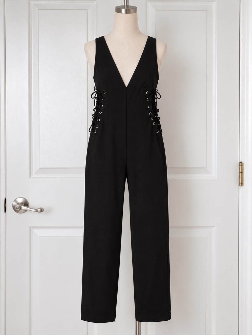 iris Black V-Neck Lace-Up Side Jumpsuit